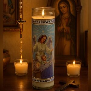 Guardian Angel Candle 8” Religious Prayer Devotional Glass Candle NWT